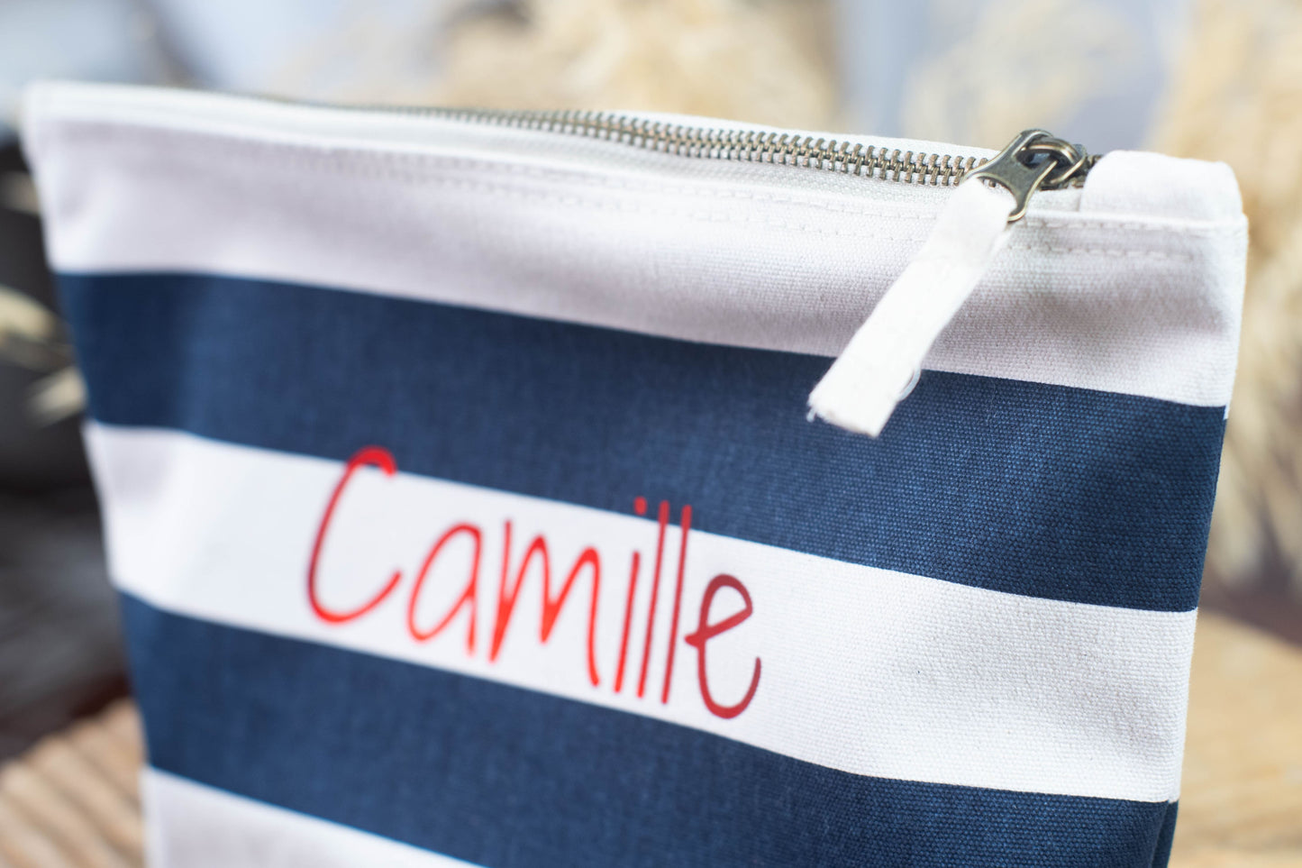 Pochette personnalisée rayée en coton - bleue marine ou rose