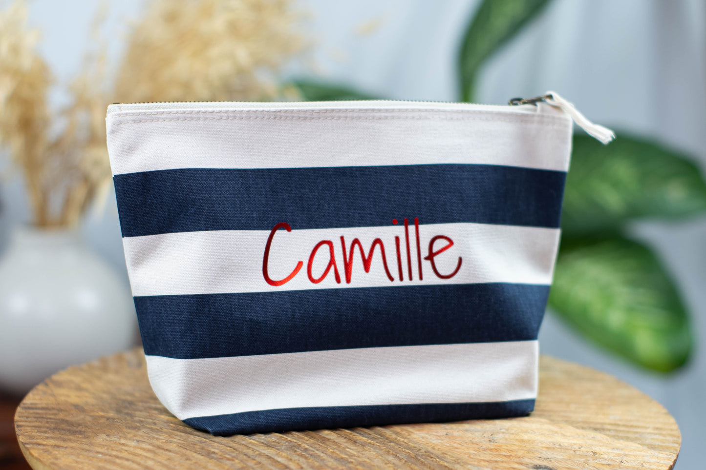 Pochette personnalisée rayée en coton - bleue marine ou rose
