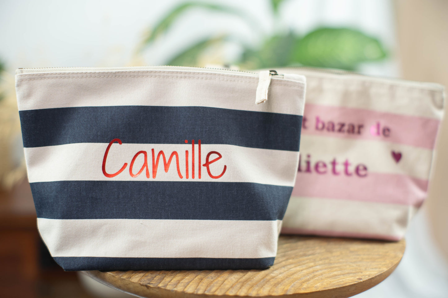 Pochette personnalisée rayée en coton - bleue marine ou rose