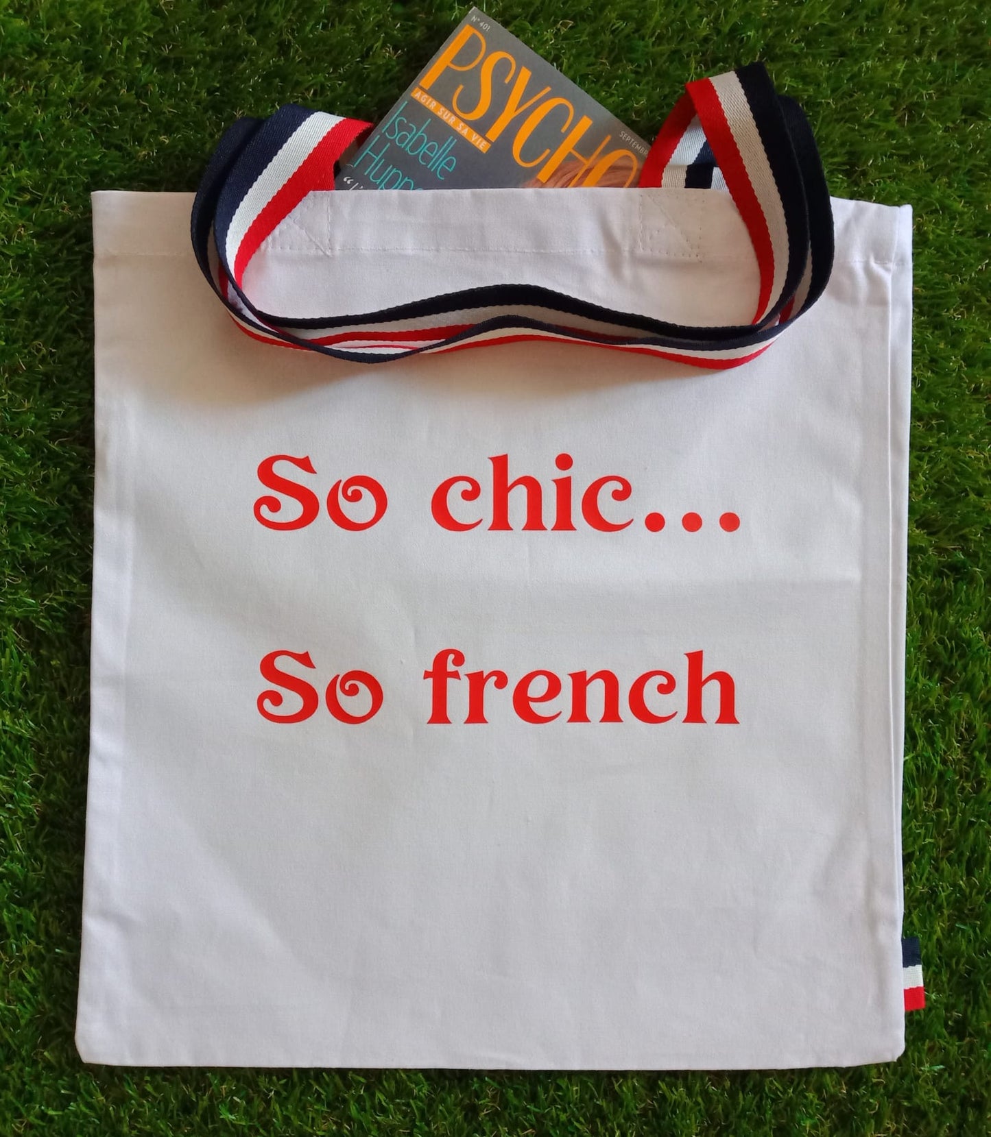 Totebag personnalisé "So Chic So French" bleu marine ou blanc avec les anses Bleu-Blanc-Rouge