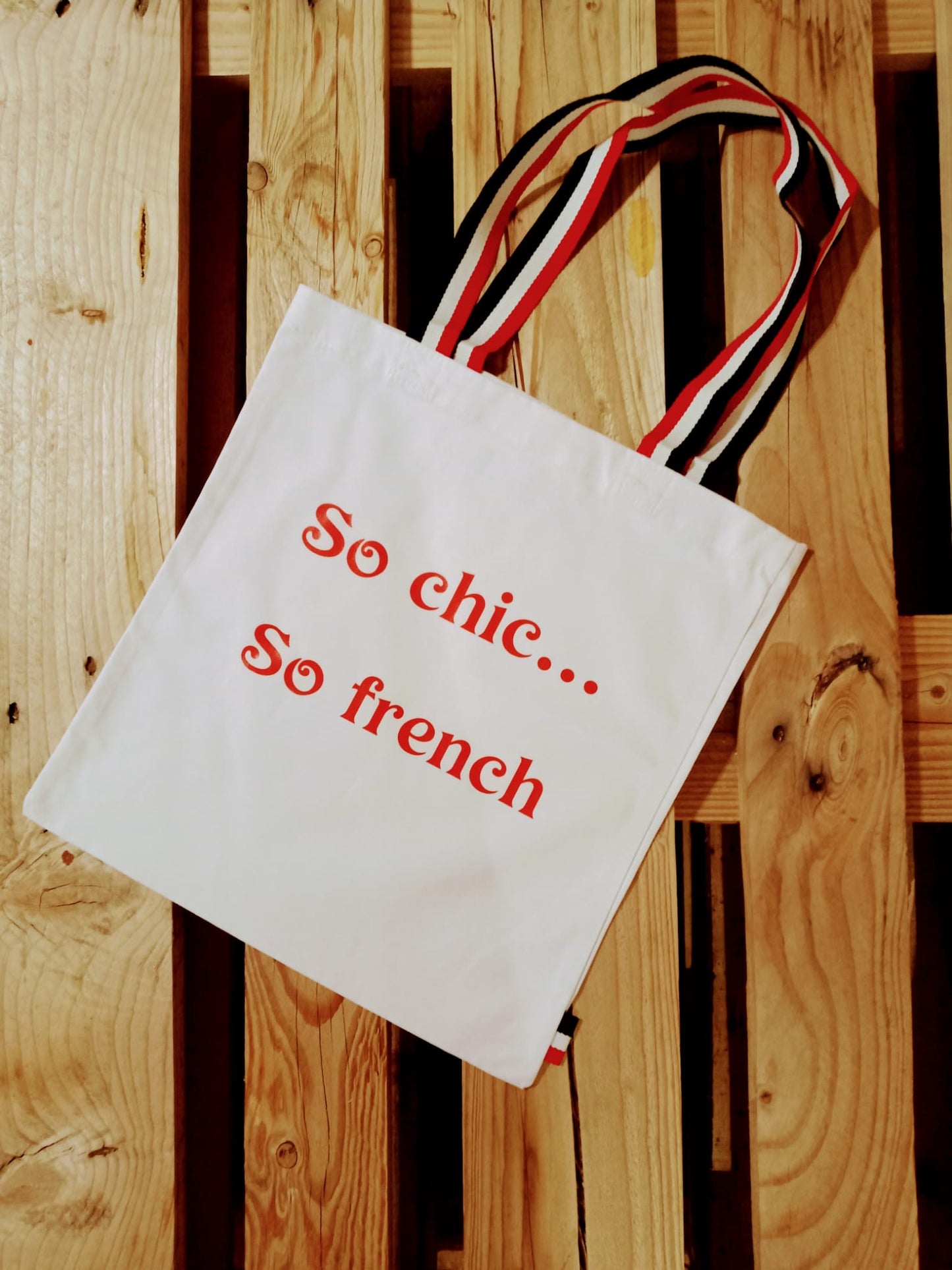 Totebag personnalisé "So Chic So French" bleu marine ou blanc avec les anses Bleu-Blanc-Rouge