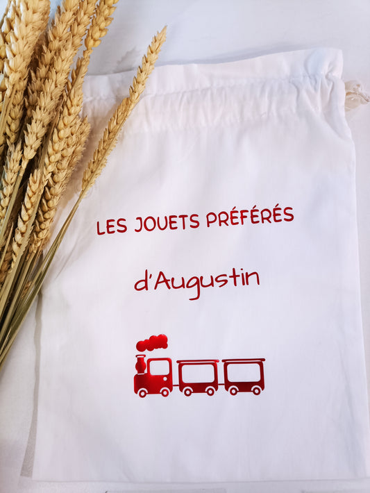 Pochon blanc personnalisé en coton biologique "Les jouets préférés de ..."