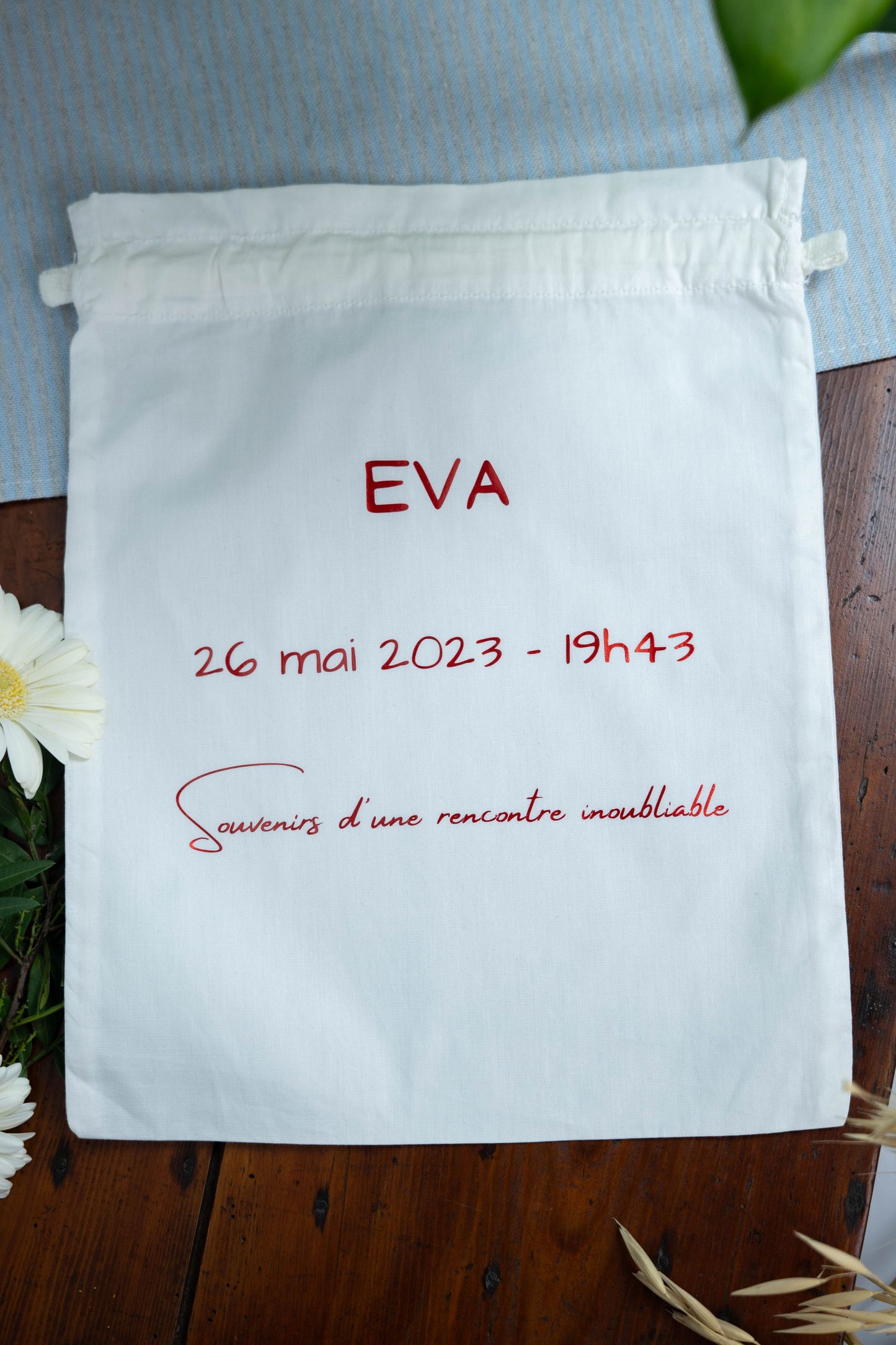 Pochon blanc personnalisé en coton biologique "Souvenirs de naissance"