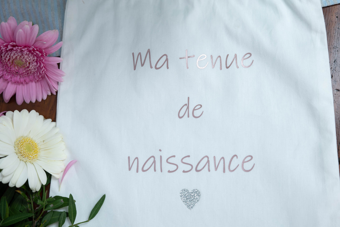 Pochon blanc personnalisé en coton biologique "Ma tenue de naissance"