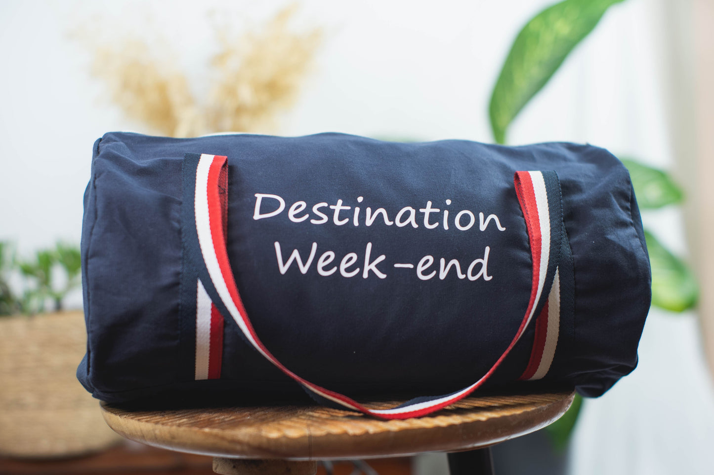 Sac Polochon personnalisé bleu marine ou blanc "Destination week-end"