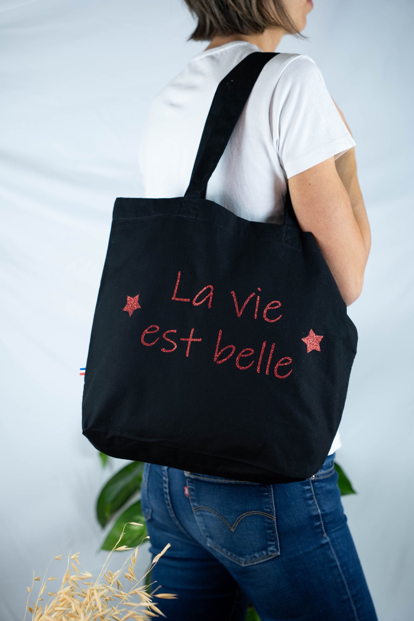 Sac cabas personnalisé noir en coton biologique "La vie est belle"