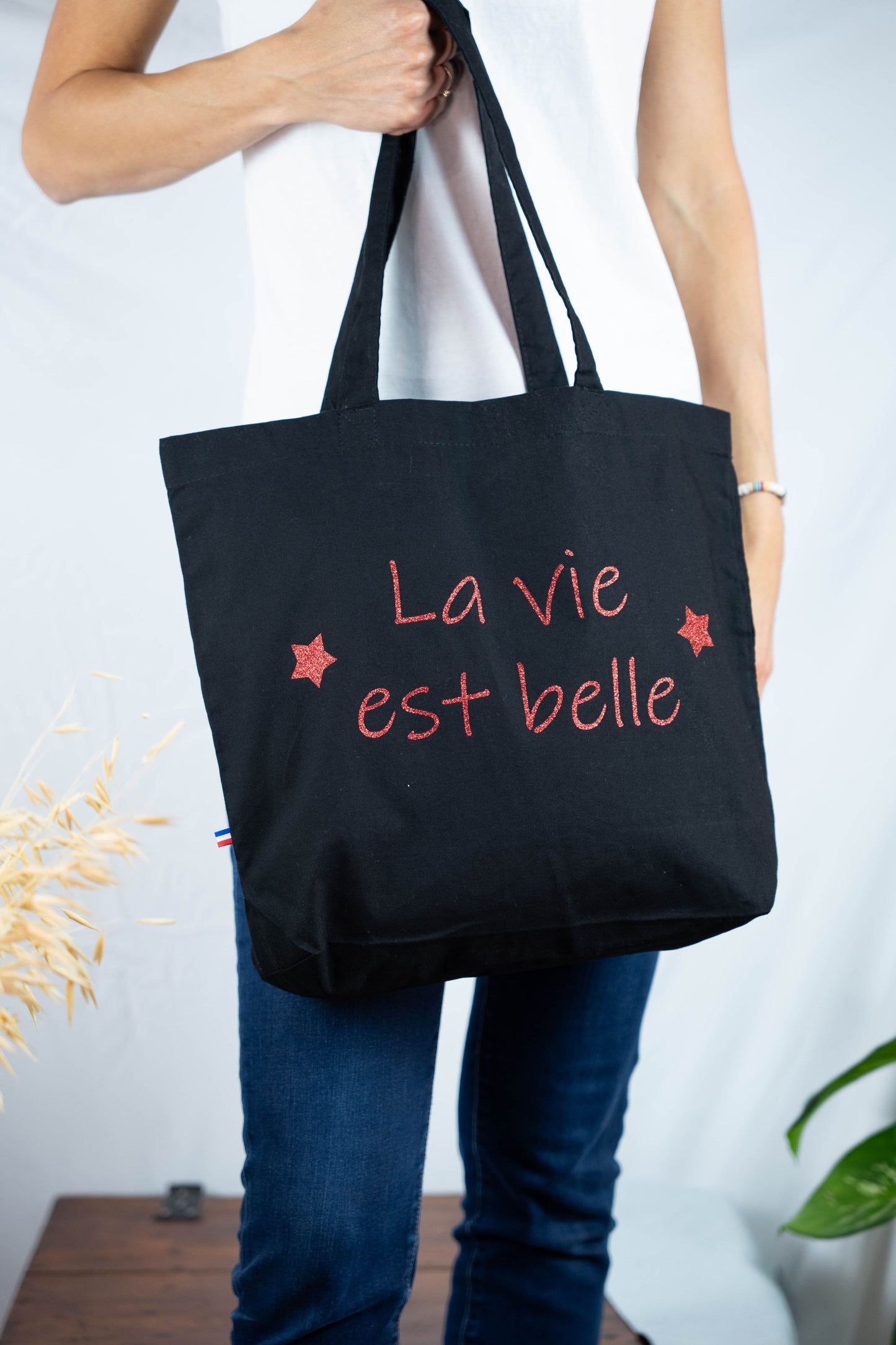 Sac cabas personnalisé noir en coton biologique "La vie est belle"