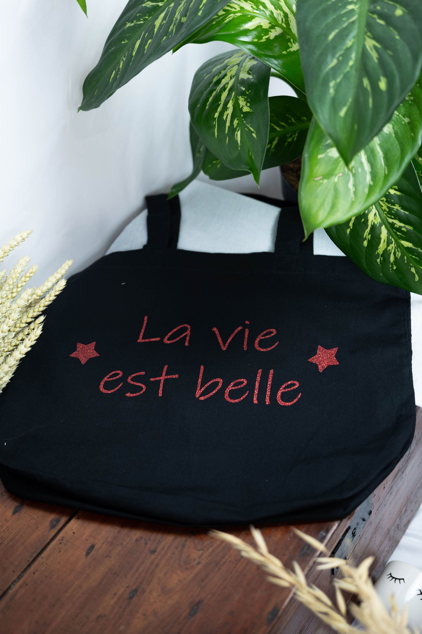 Sac cabas personnalisé noir en coton biologique "La vie est belle"