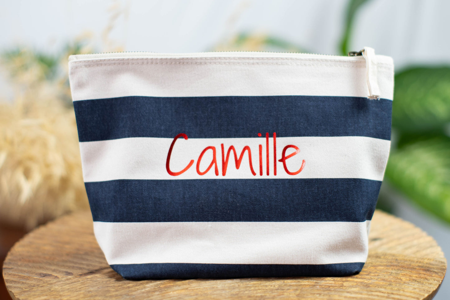 Pochette personnalisée rayée en coton - bleue marine ou rose