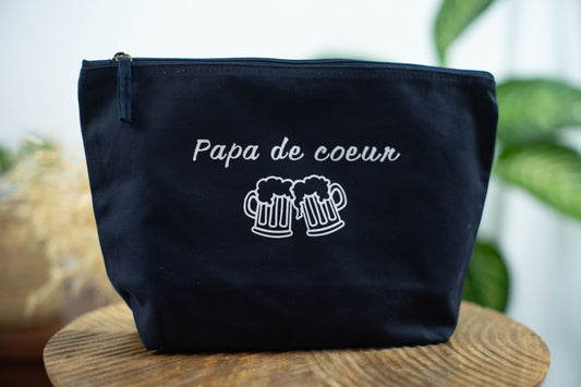 Pochette personnalisée bleue marine ou noire "Papa de cœur" en coton biologique