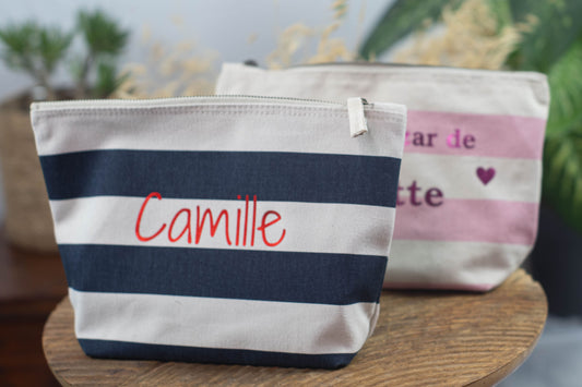 Pochette personnalisée rayée en coton - bleue marine ou rose