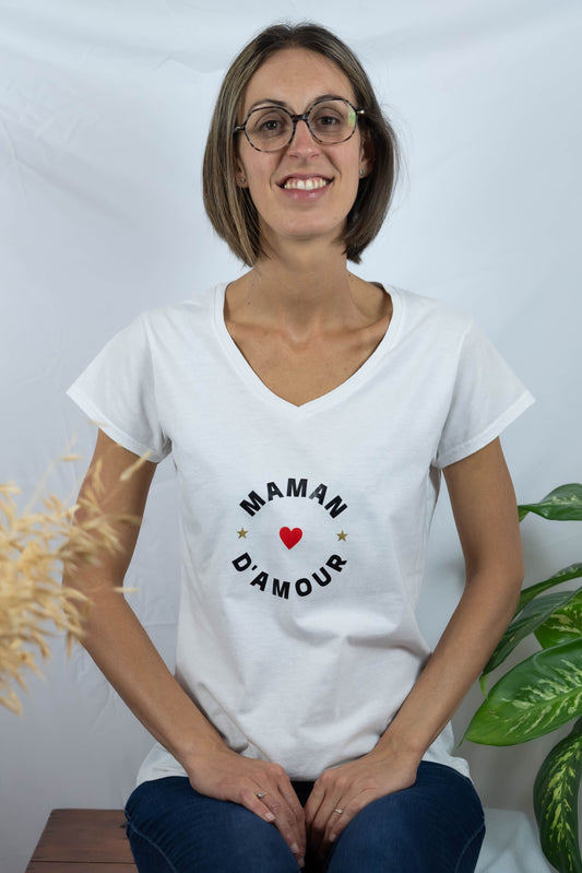 Tee-shirt personnalisé femme col V "Maman d'amour" 100% coton